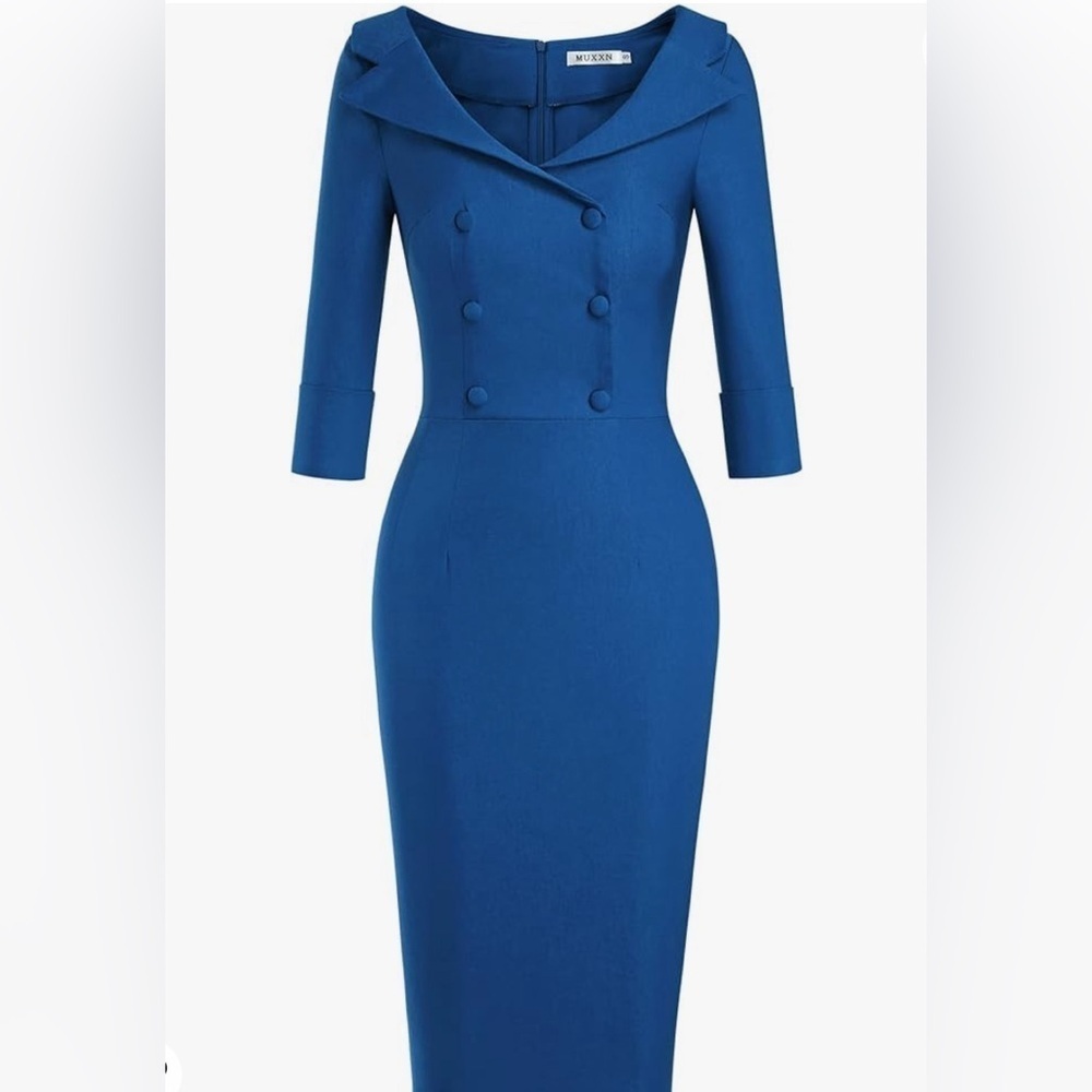 MUXXN Women’s Blue Classic Look Sweetheart Neckline 3/4th Sleeves Large Dress